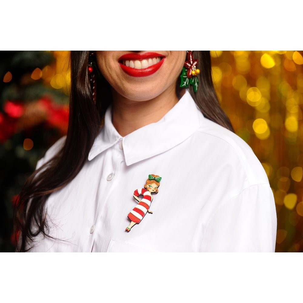 Candy Cane Girl Brooch by Laliblue – Retro Kitschy Statement Brooch for Collectors by Quirks! at Shirley Shoppe