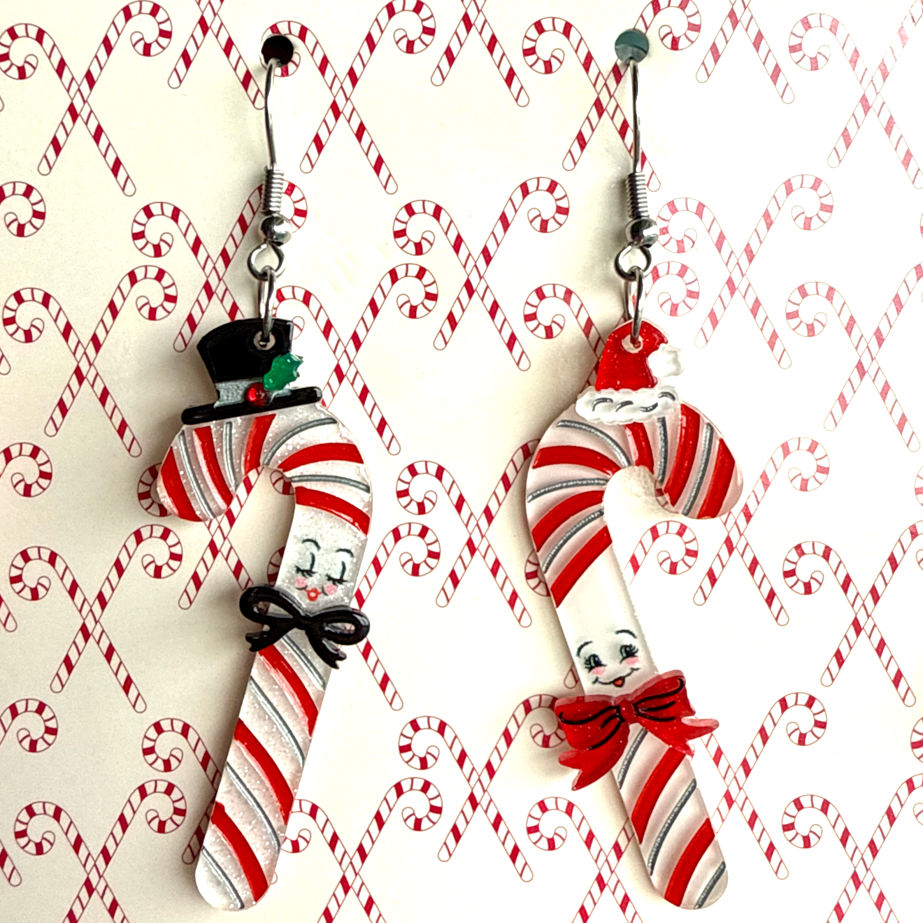 Candy Cane Couple Earrings by 50's Vintage Dame x Lipstick & Chrome — Retro Christmas Drop Earrings
