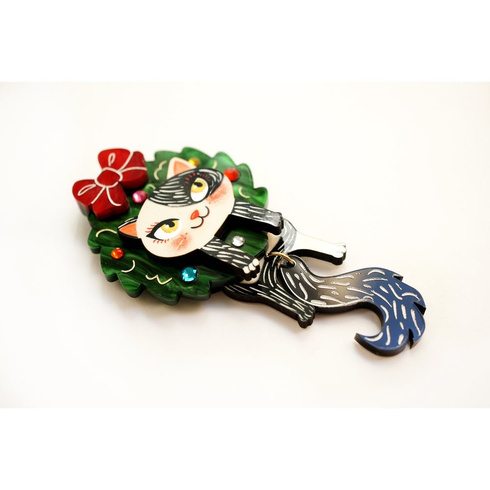 Cat in A Christmas Wreath Brooch by Laliblue by Quirks! at Shirley Shoppe