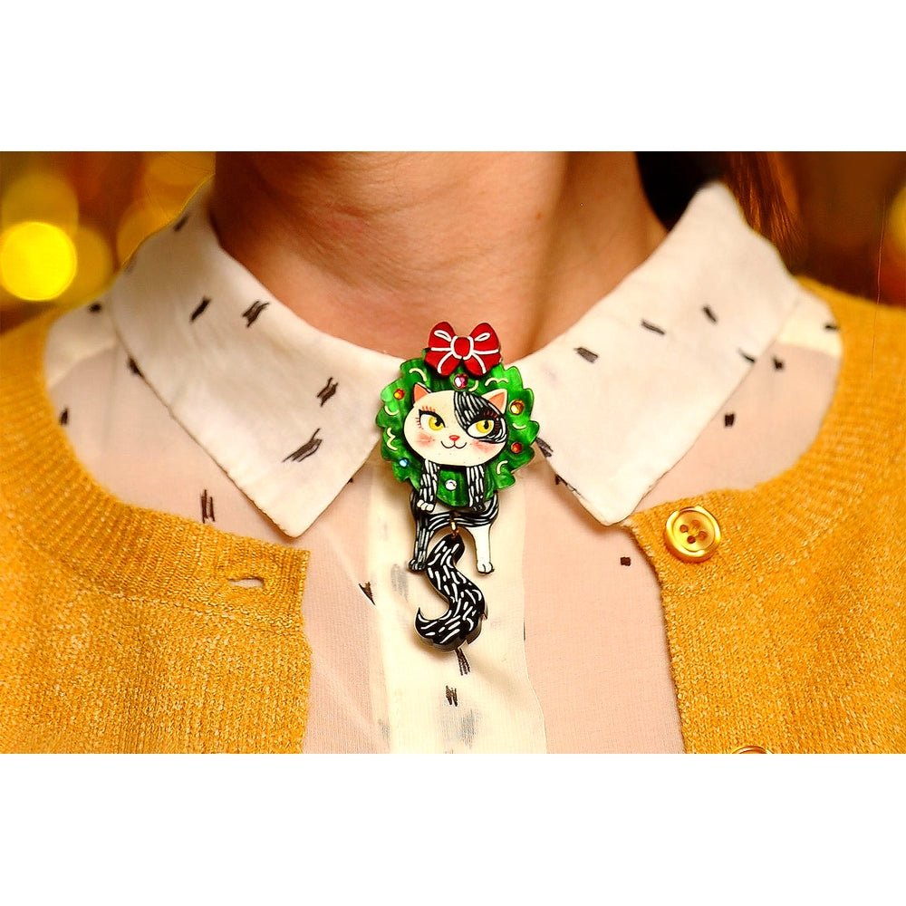 Cat in A Christmas Wreath Button Cover by Laliblue by Quirks! at Shirley Shoppe
