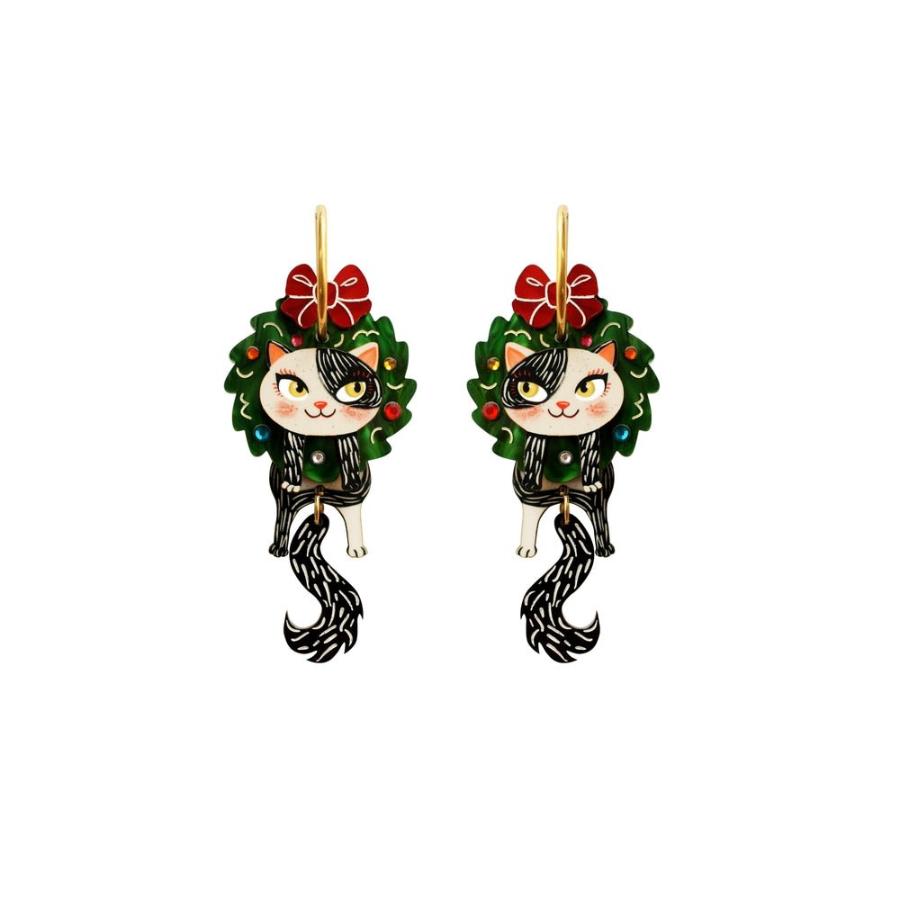 Cat in A Christmas Wreath Earrings by Laliblue – Retro Statement Jewelry Laliblue by Quirks! at Shirley Shoppe