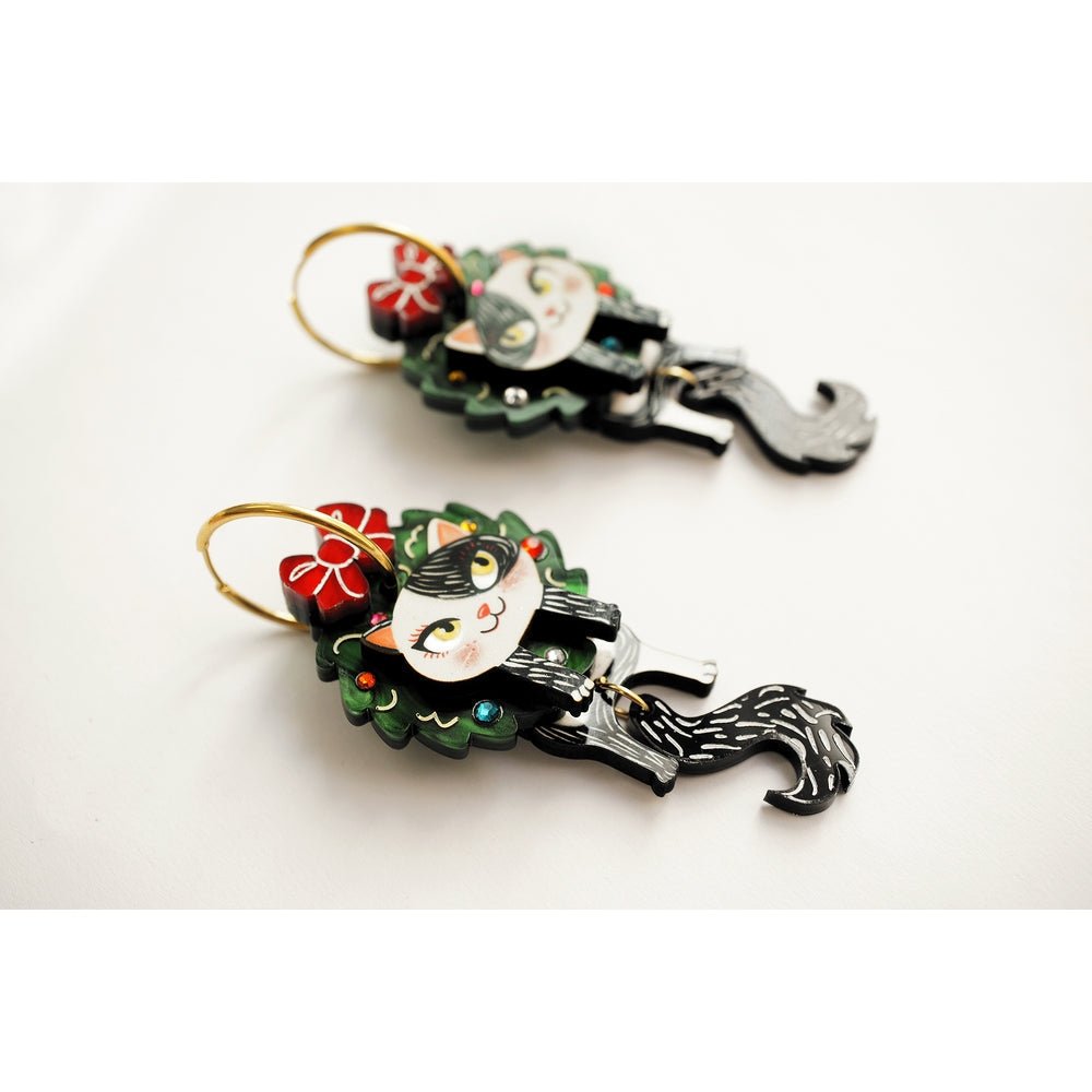 Cat in A Christmas Wreath Earrings by Laliblue – Retro Statement Jewelry Laliblue by Quirks! at Shirley Shoppe