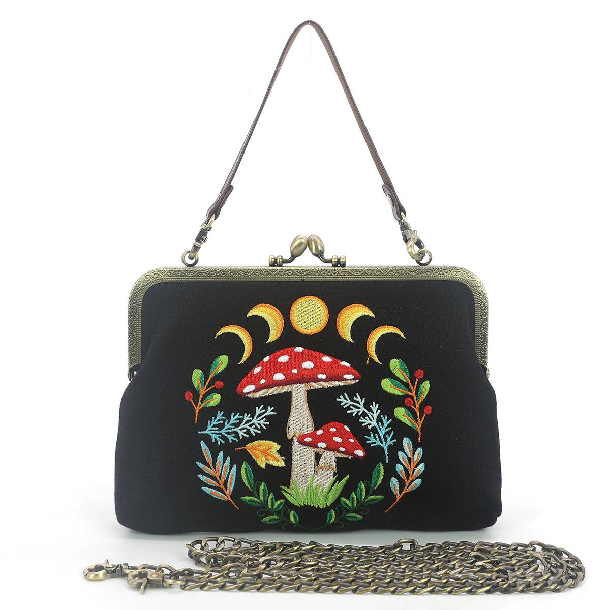 Celestial Mushroom Kiss Lock Bag in Linen Cotton Blend Mater by Quirks! at Shirley Shoppe