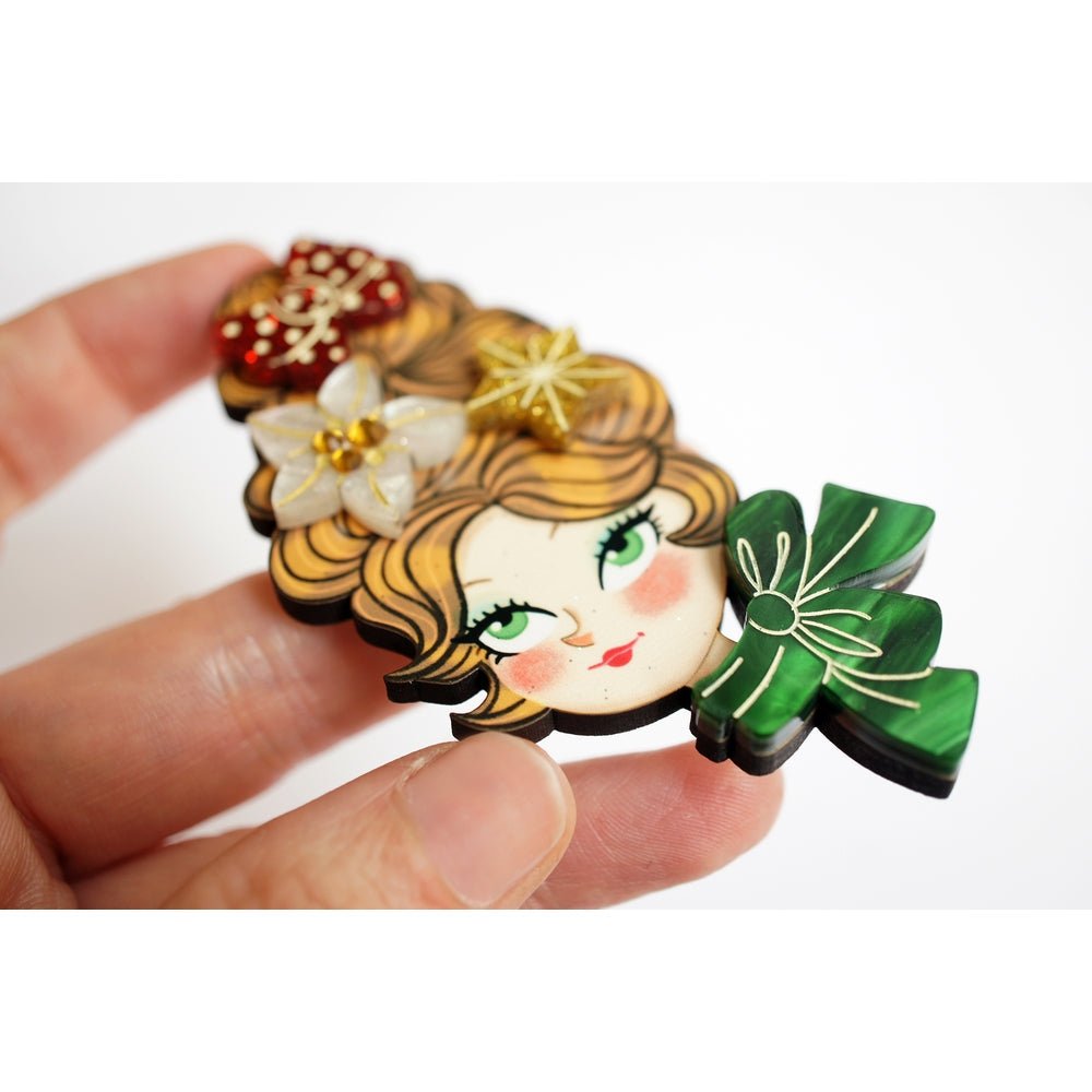 Christmas Blonde Hair Brooch with Earring Set by Laliblue – Retro Kitschy Statement Brooch for Collectors by Quirks! at Shirley Shoppe
