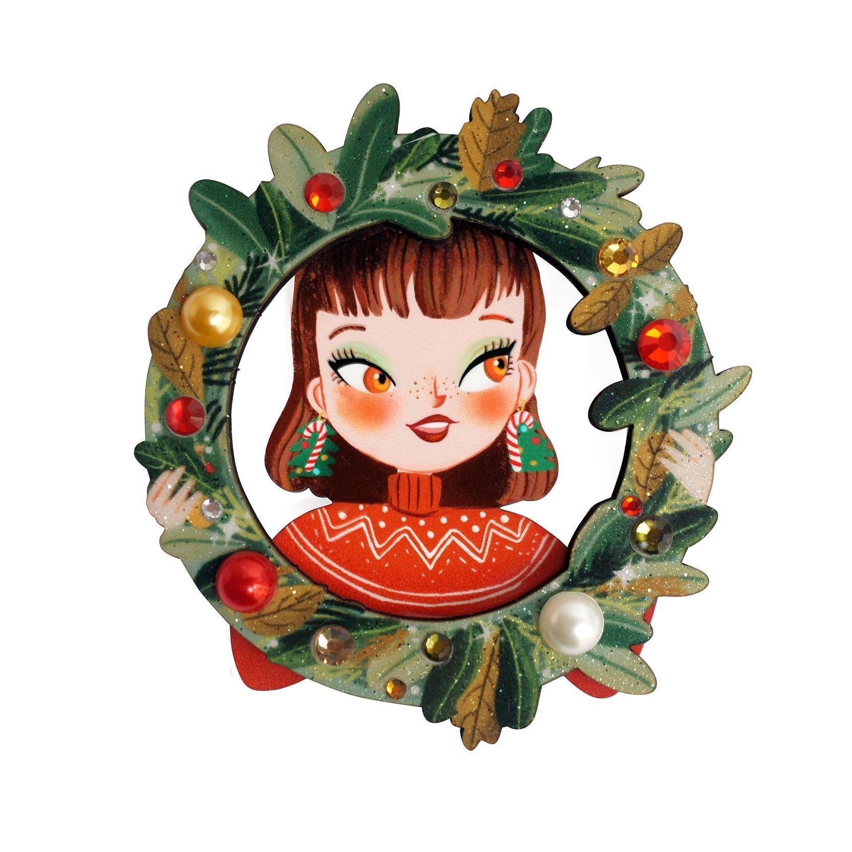 Christmas Girl w/ Wreath Brooch by Laliblue – Retro Kitschy Statement Brooch for Collectors by Quirks! at Shirley Shoppe