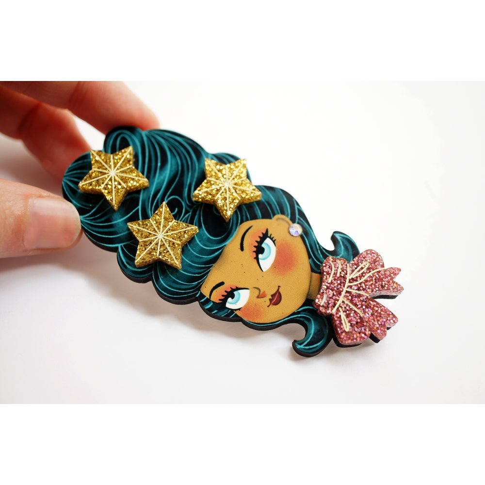 Christmas - Themed Brunette Hair Brooch with Earring Set by Laliblue – Retro Kitschy Statement Brooch for Collectors by Quirks! at Shirley Shoppe