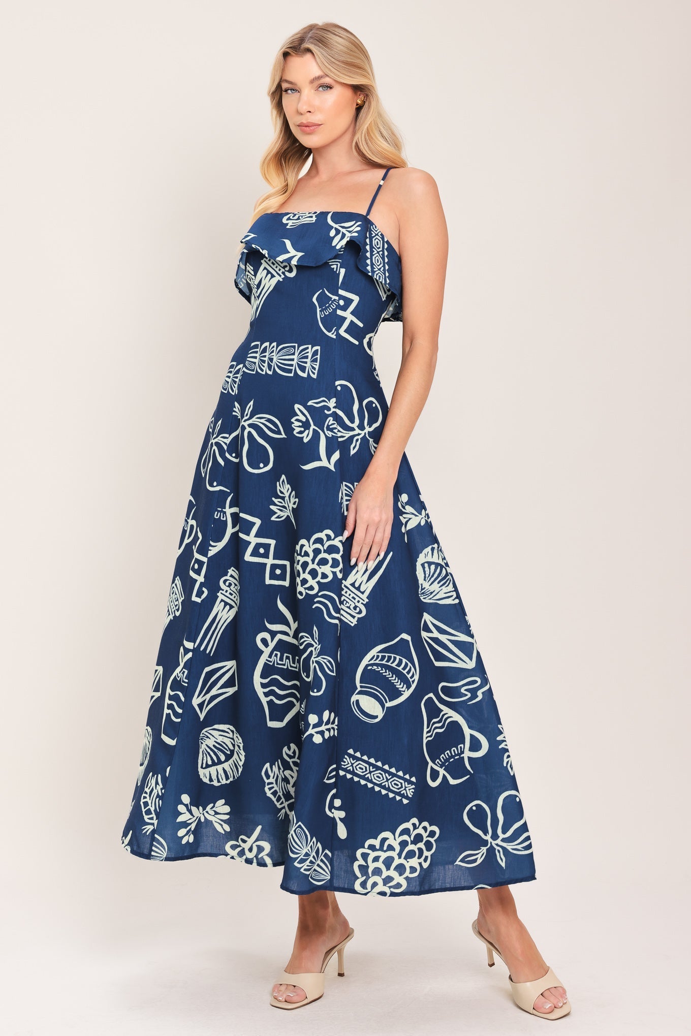 COASTAL SKETCH WOVEN MIDI DRESS by Flying Tomato at Shirley Shoppe