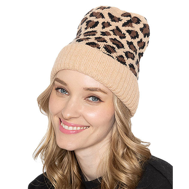 Cozy Leopard Patterned Ribbed Knit Cuff Beanie Hat