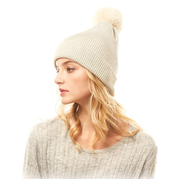 Cozy Metallic Thread Pom Pom Beanie Hat
