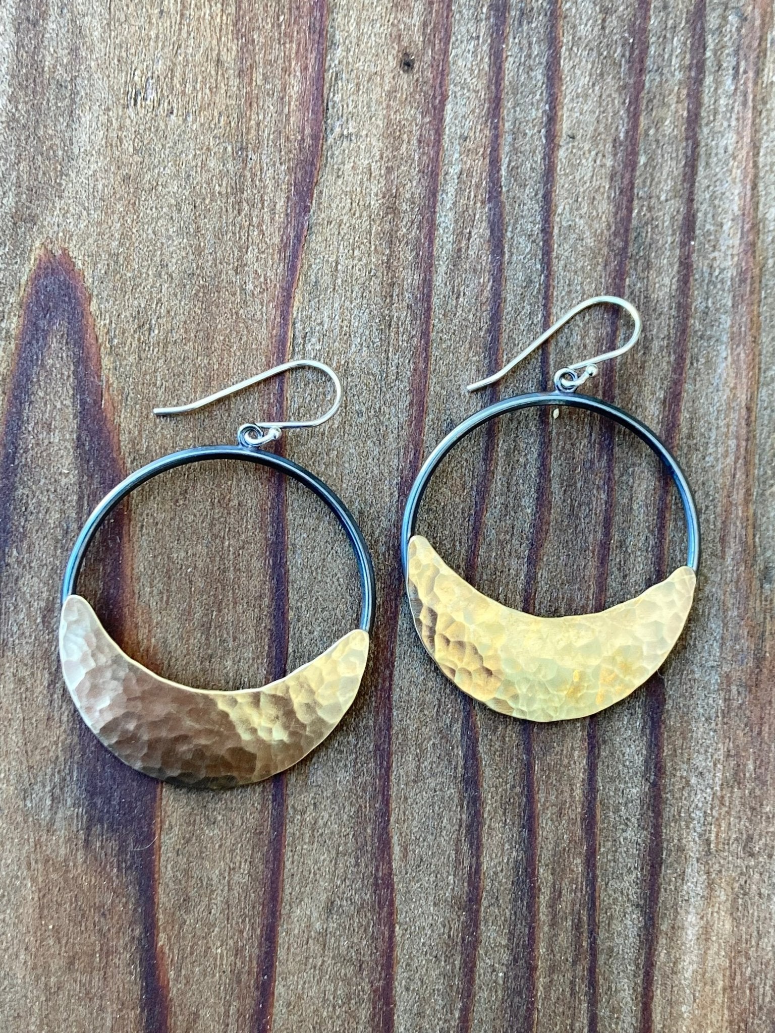 Crescent Moon Hoop Earrings in Oxidized Silver and Brass | Moon Phase Earrings by Alison Morse at Shirley Shoppe