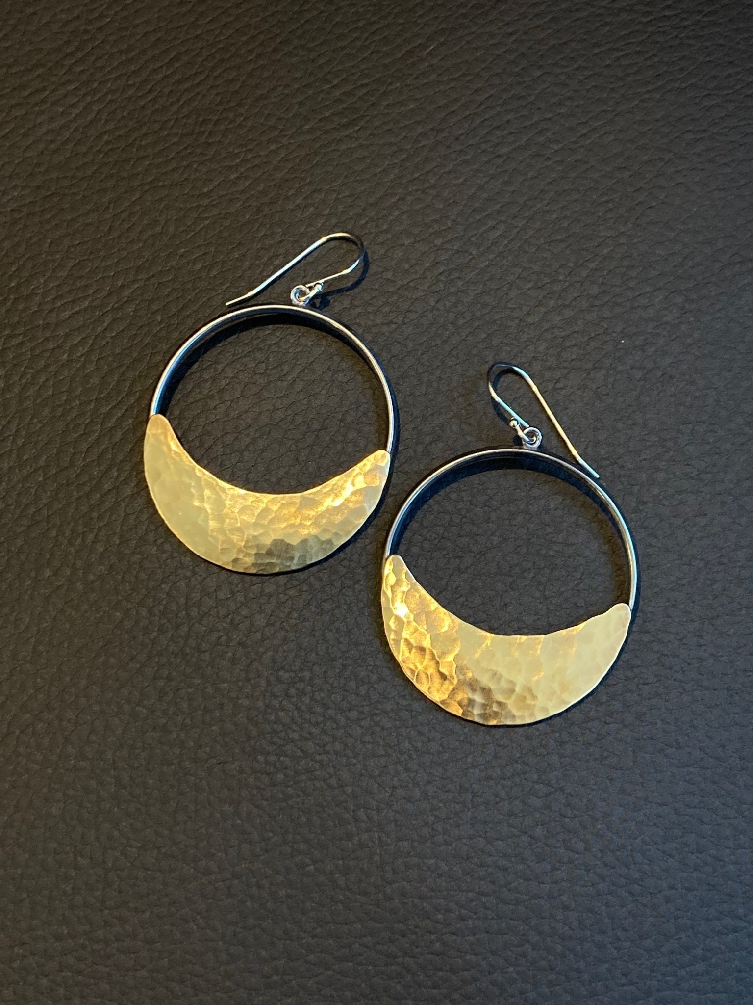 Crescent Moon Hoop Earrings in Oxidized Silver and Brass | Moon Phase Earrings by Alison Morse at Shirley Shoppe
