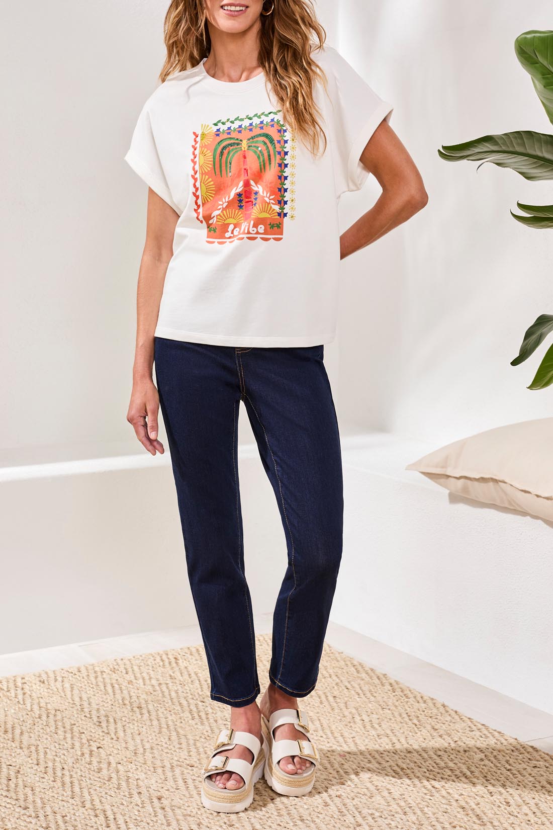 Crew Dolman Sleeve with Beaded Detail Placement Printon Whte by Tribal at Shirley Shoppe