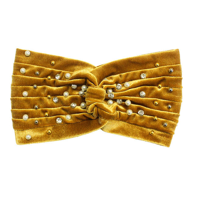 Crystal Pearl Detailed Twisted Velvet Headband Earmuff