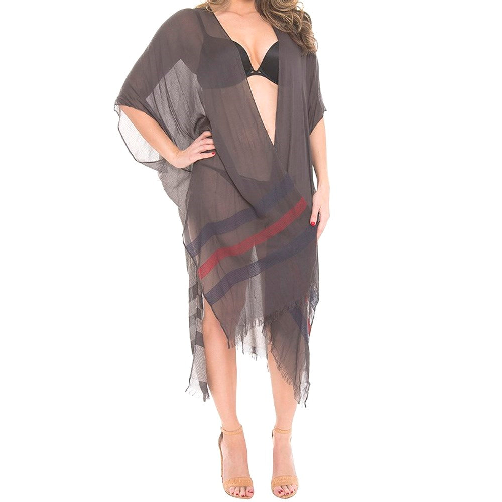 Dayna Two Tone Line Long Cover-up Cardigan Poncho Kimono