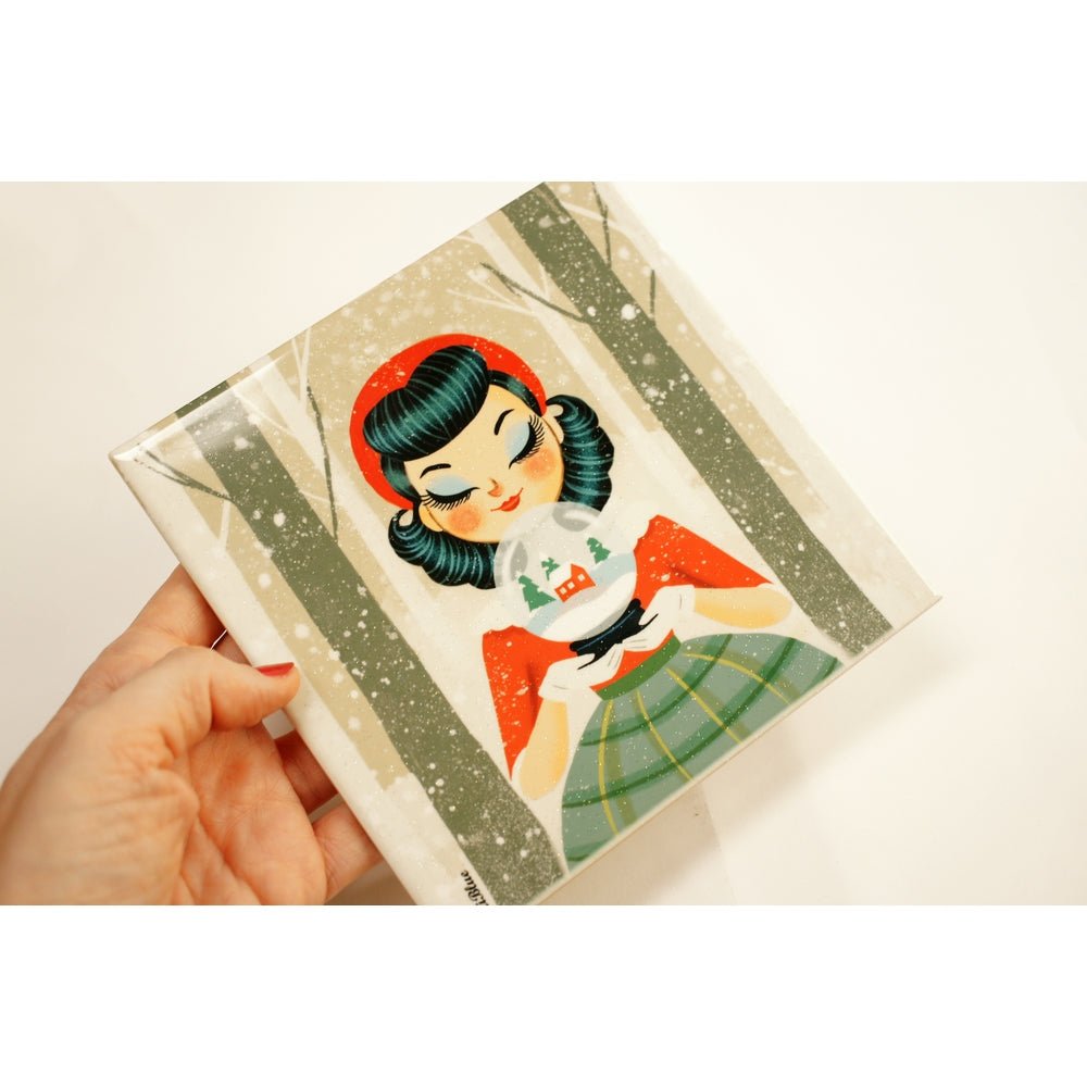 Decorative Tile Girl with Snow Globe by Laliblue by Quirks! at Shirley Shoppe