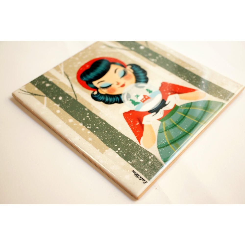 Decorative Tile Girl with Snow Globe by Laliblue by Quirks! at Shirley Shoppe