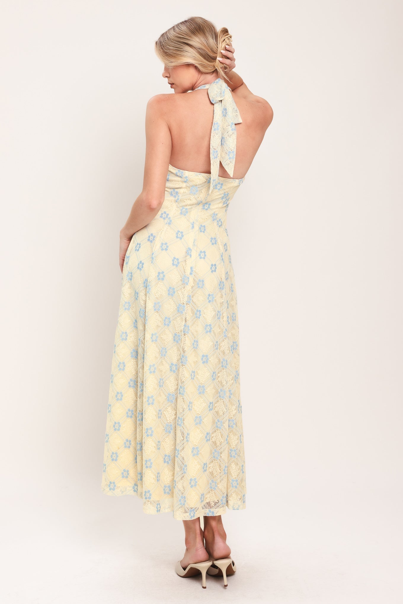 DELICATE BLOOM HALTER WOVEN LACE MIDI DRESS by Flying Tomato at Shirley Shoppe