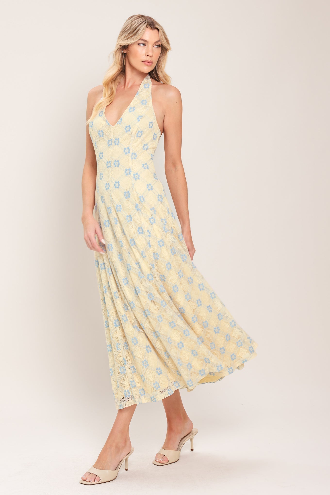 DELICATE BLOOM HALTER WOVEN LACE MIDI DRESS by Flying Tomato at Shirley Shoppe