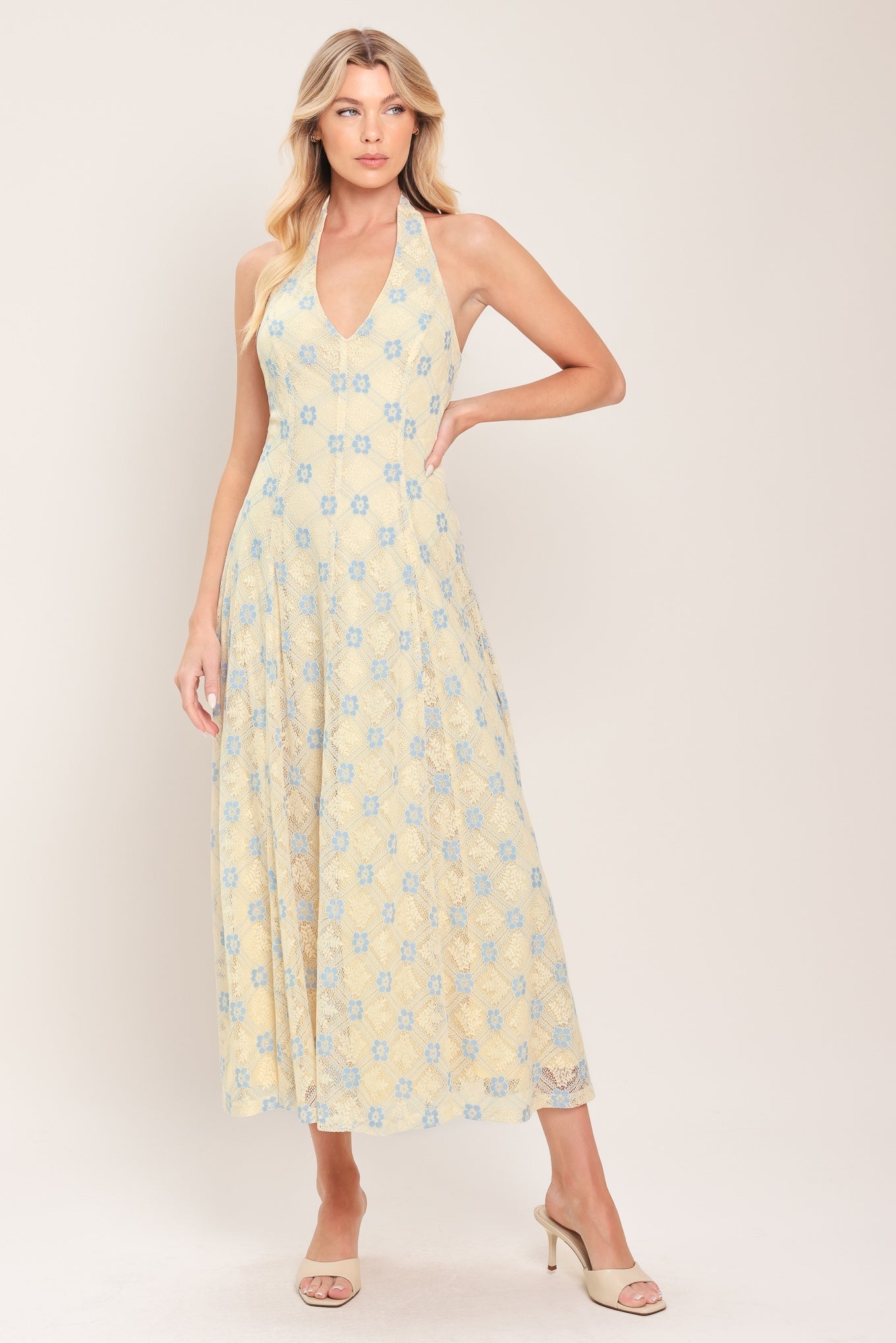 DELICATE BLOOM HALTER WOVEN LACE MIDI DRESS by Flying Tomato at Shirley Shoppe