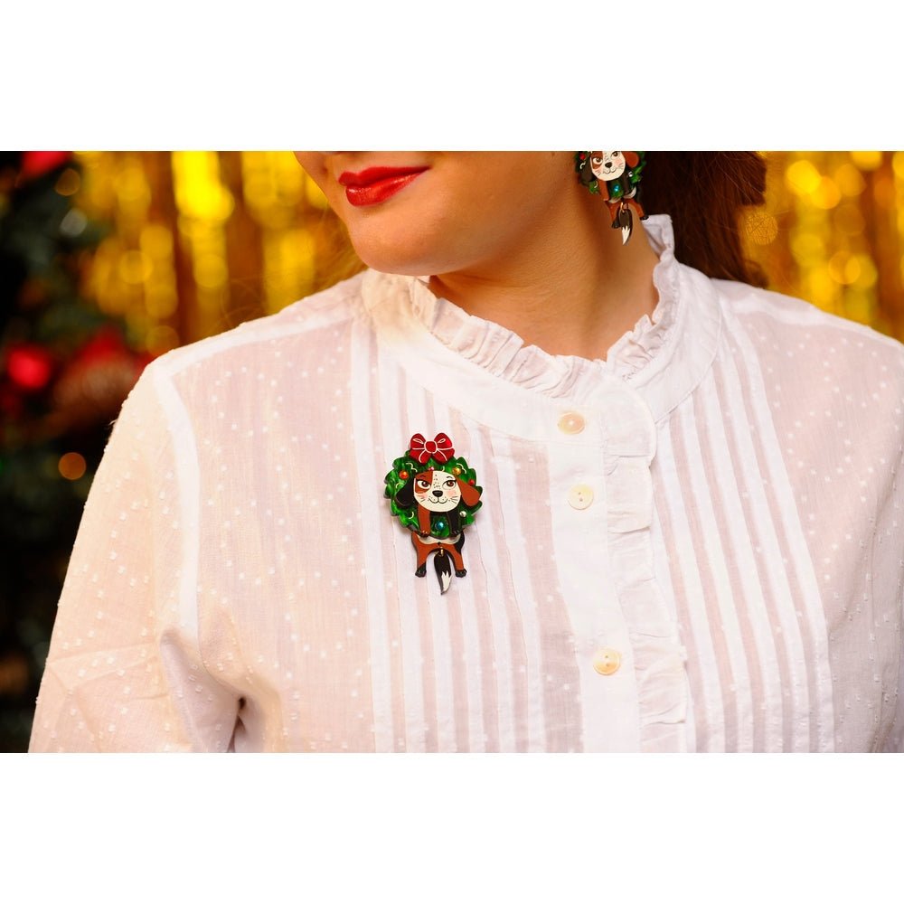 Dog in A Christmas Wreath Brooch by Laliblue by Quirks! at Shirley Shoppe