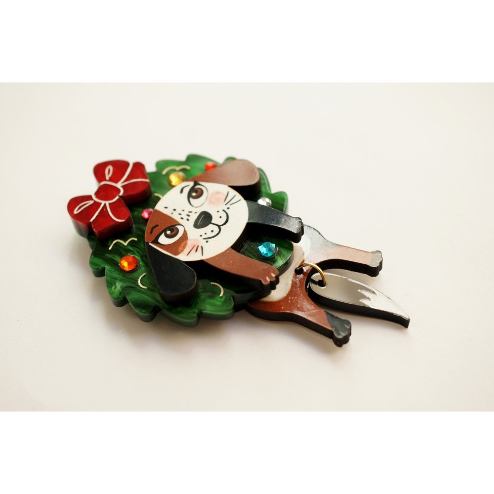 Dog in A Christmas Wreath Brooch by Laliblue by Quirks! at Shirley Shoppe