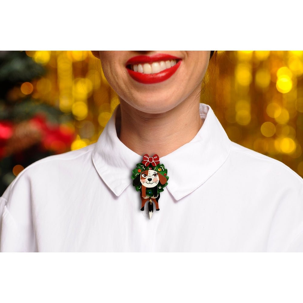 Dog in A Christmas Wreath Button Cover by Laliblue by Quirks! at Shirley Shoppe