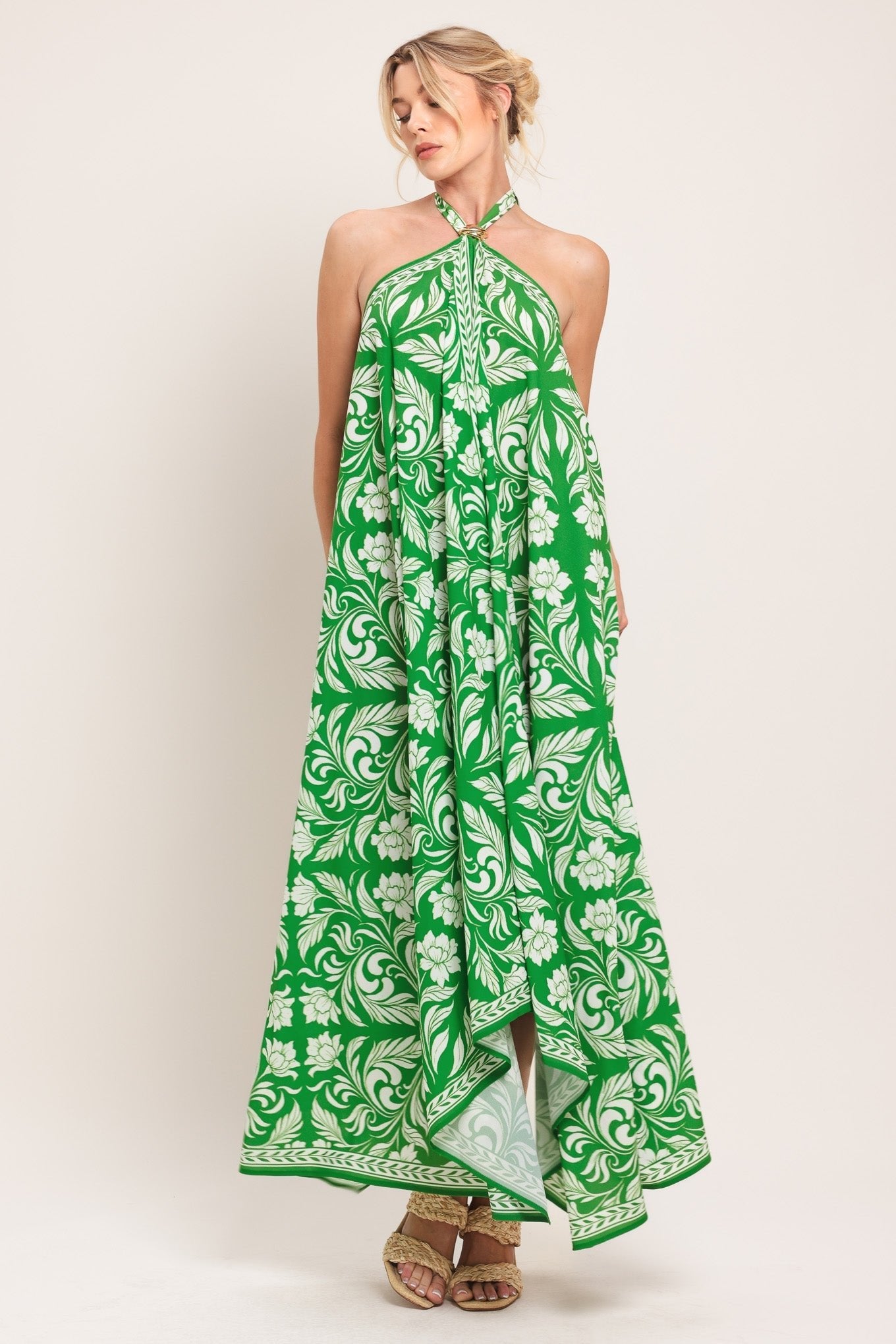 EMERALD BLOOM WOVEN MIDI SCARF DRESS by Flying Tomato at Shirley Shoppe