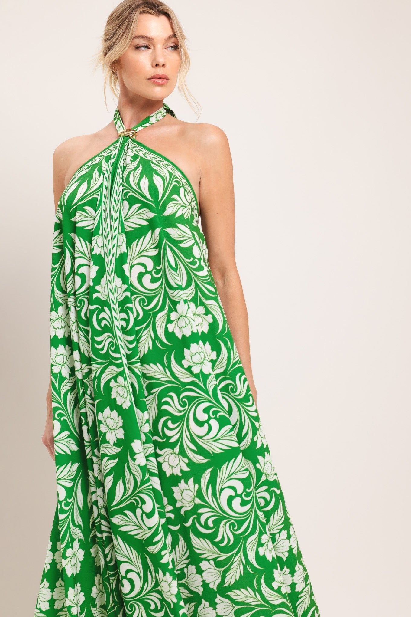 EMERALD BLOOM WOVEN MIDI SCARF DRESS by Flying Tomato at Shirley Shoppe