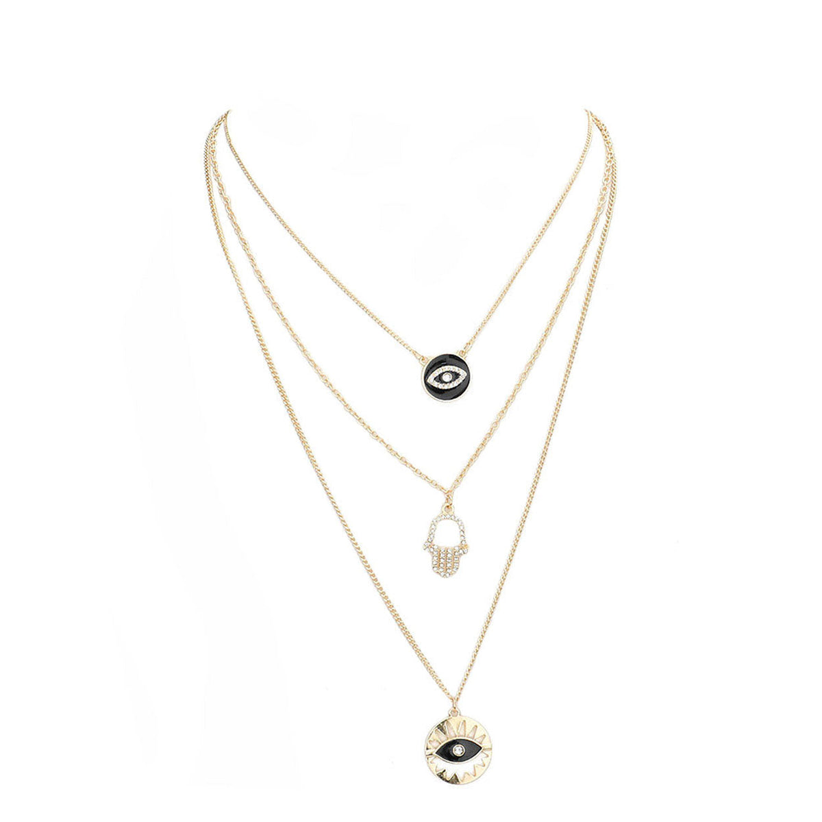 Enamel Rhinestone Evil Eye Hamsa Charm Triple Layer Necklace