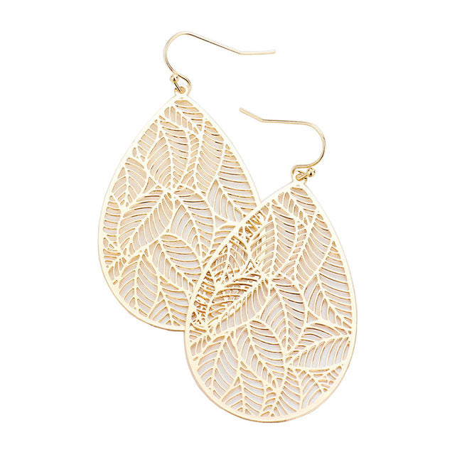 Filigree Leaf Detail Brass Metal Teardrop Dangle Earrings