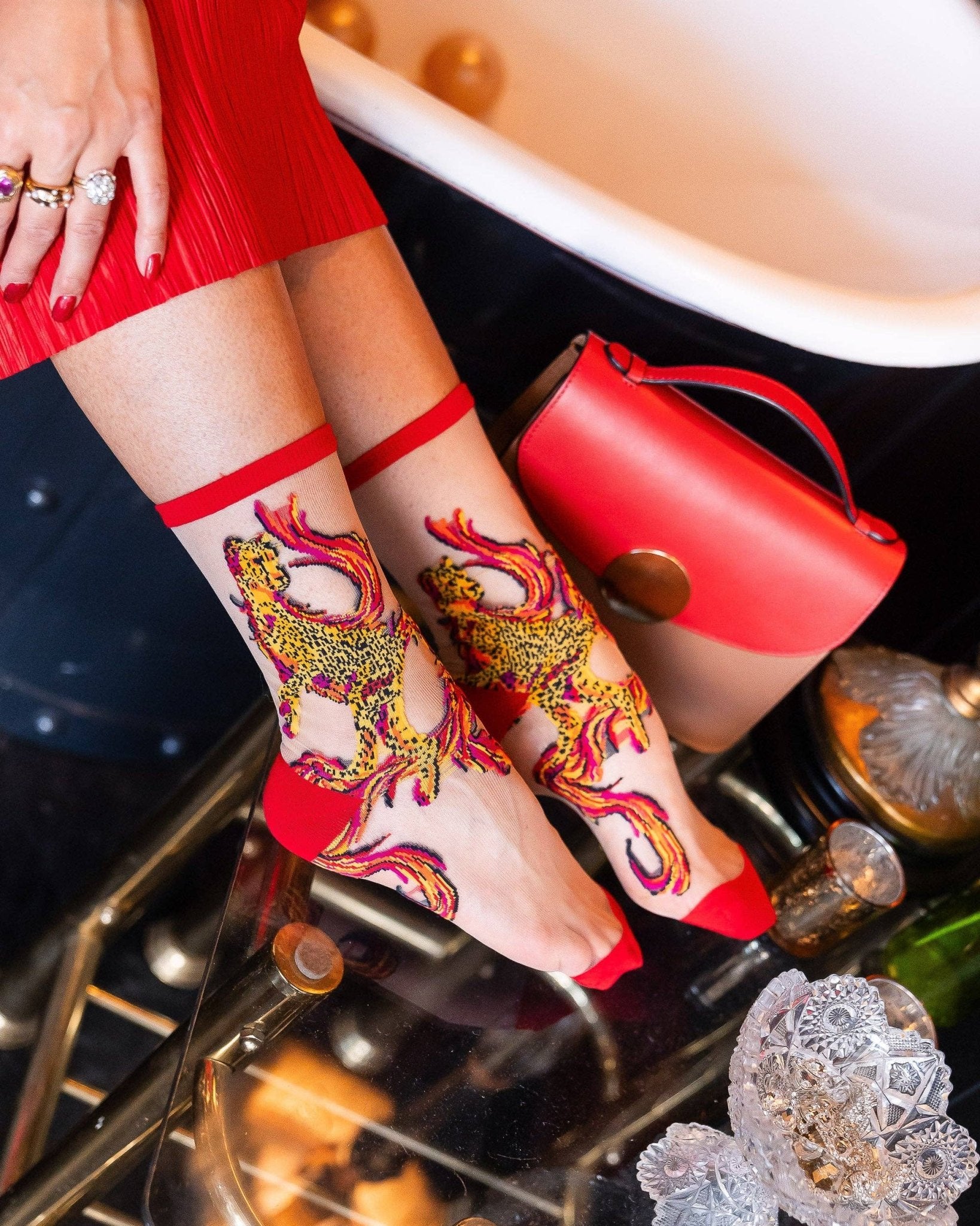 Flaming Cheetah Sheer Crew Sock by Quirks! at Shirley Shoppe