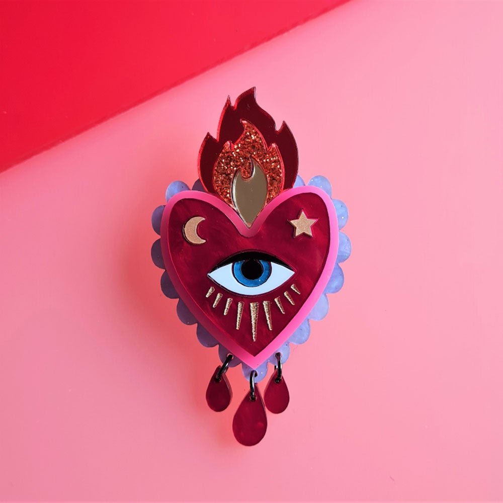Flaming Heart Statement Brooch by Cherryloco - Red Pink by Quirks! at Shirley Shoppe