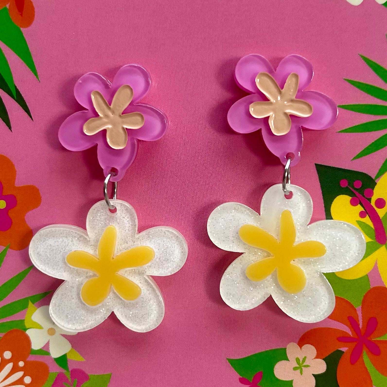 Floral Fantasy Earrings by Miss Fluff x Lipstick & Chrome — Tropical Tiki Flower Drop Earrings