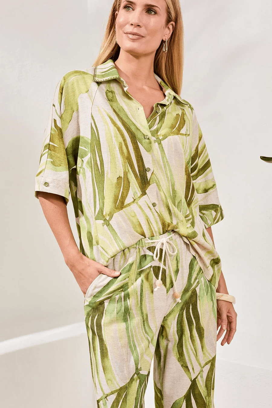 Flowy Linen Dolman Elbow Sleeve Blouse by Tribal at Shirley Shoppe