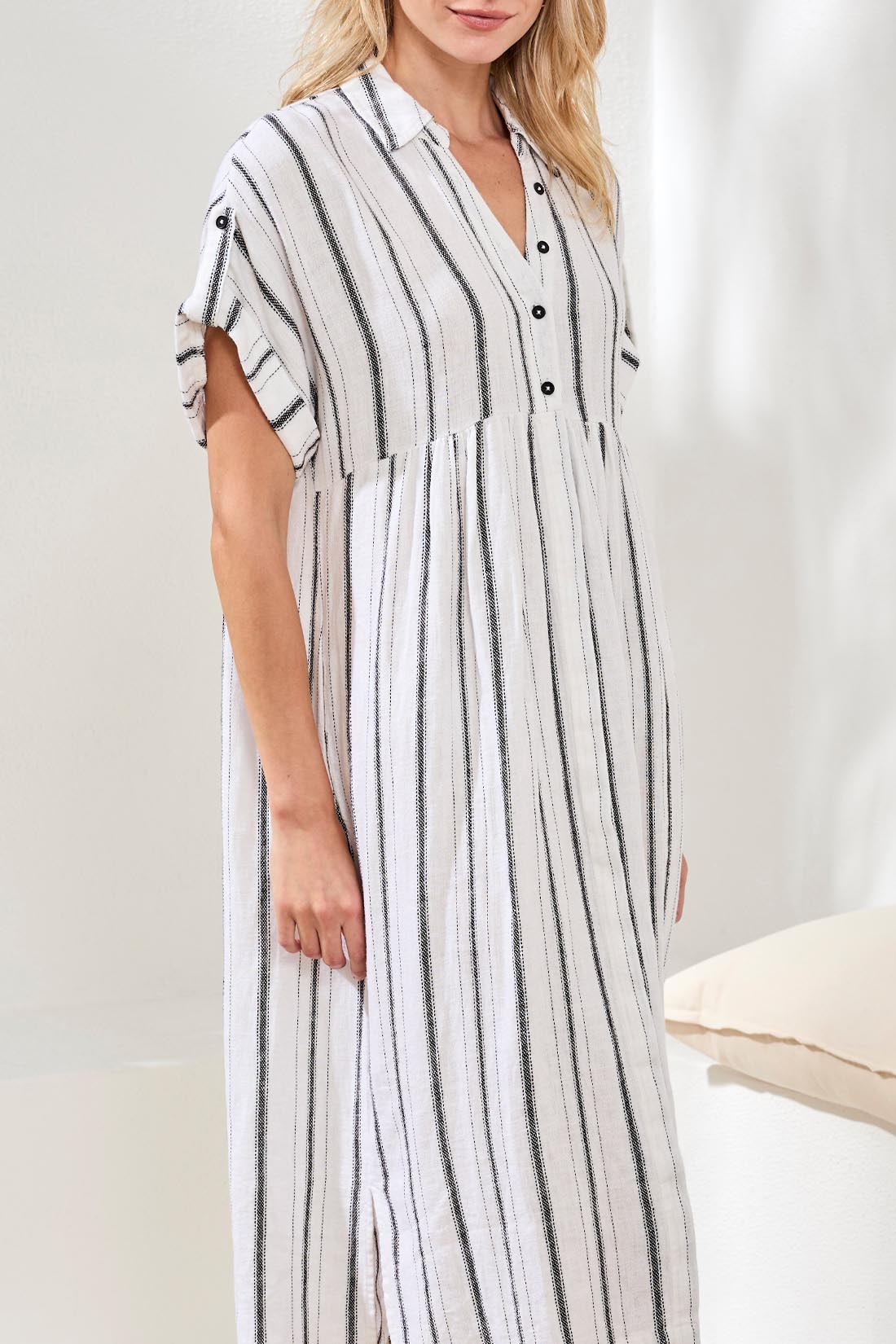 Flowy Shirt Dress with Slit and Hdden Placket - White /Black by Tribal at Shirley Shoppe
