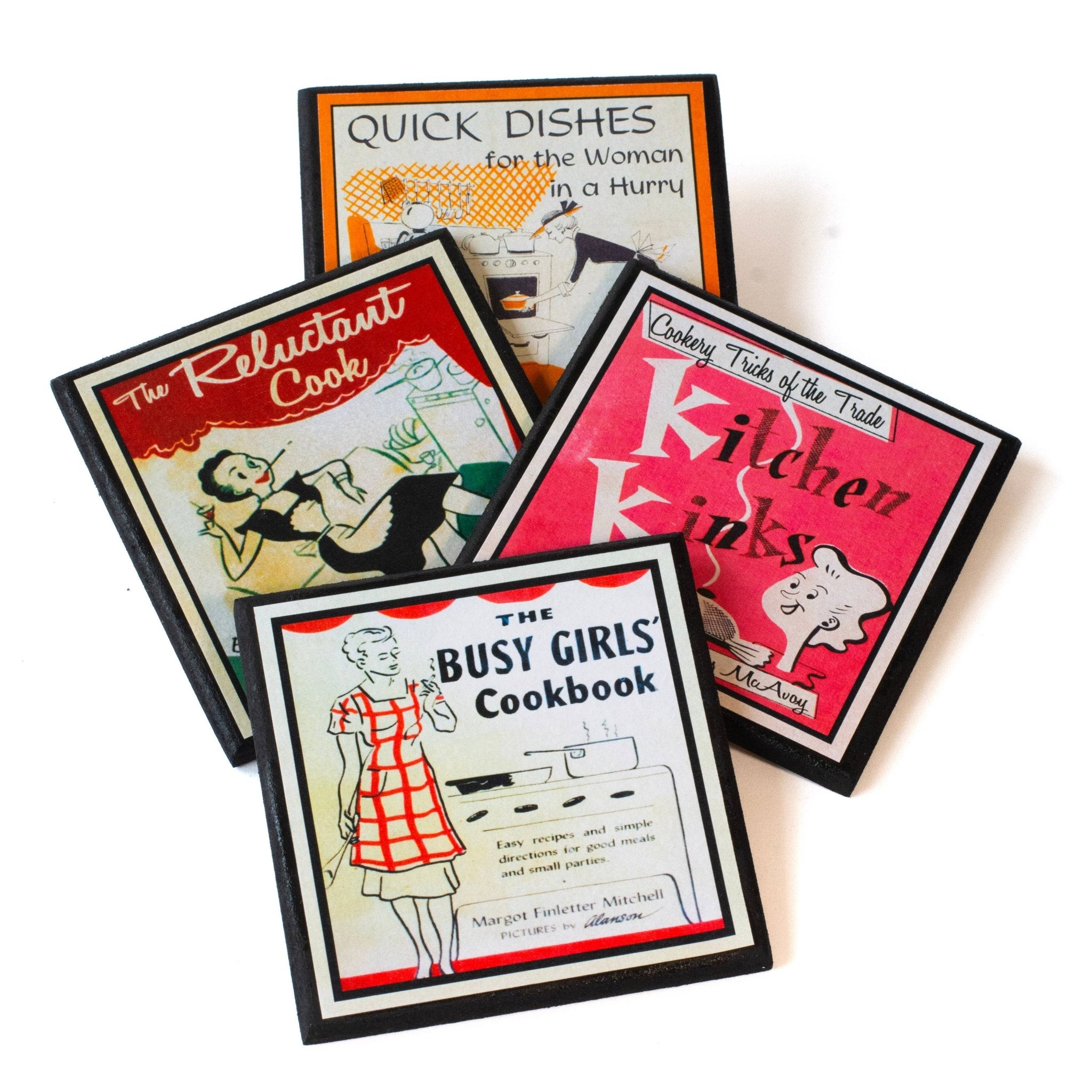 Funny Vintage Cookbook Cover Kitchen Coasters by Quirks! at Shirley Shoppe