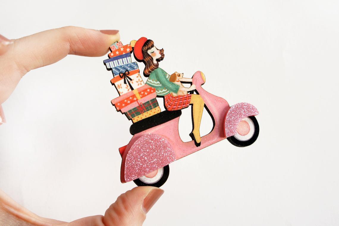 Girl on Scooter with Gifts Brooch by Laliblue by Quirks! at Shirley Shoppe