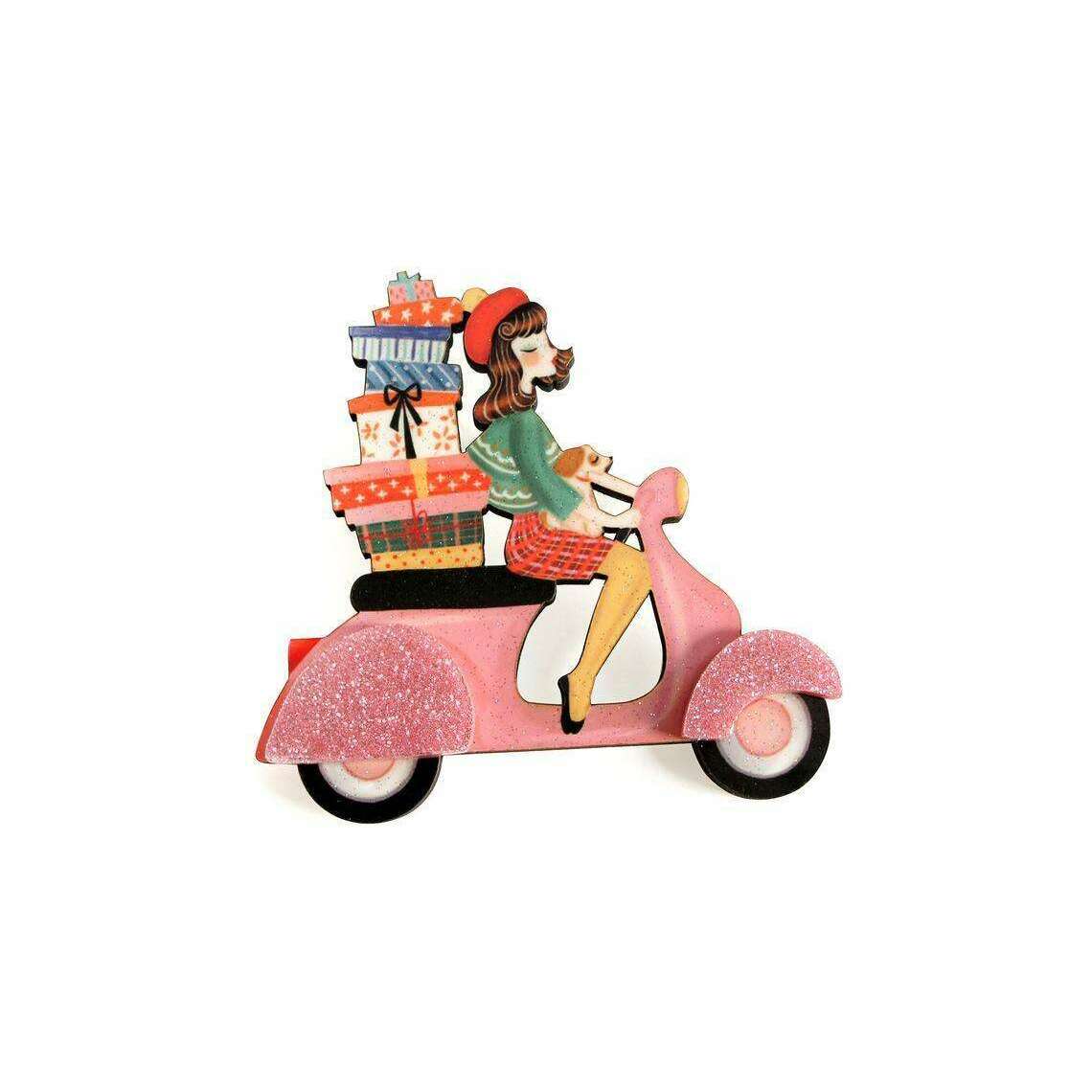 Girl on Scooter with Gifts Brooch by Laliblue