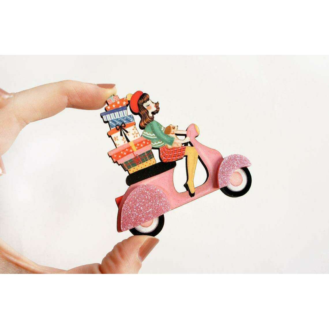 Girl on Scooter with Gifts Brooch by Laliblue