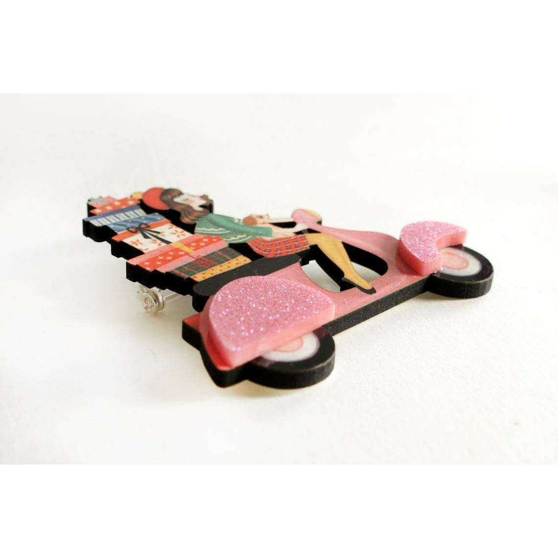 Girl on Scooter with Gifts Brooch by Laliblue