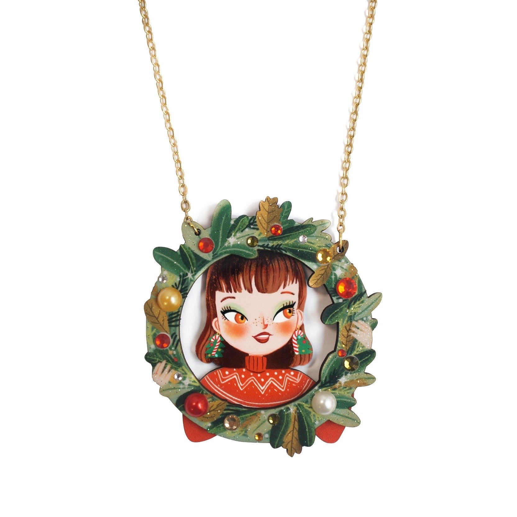 Girl w/ Christmas Wreath Necklace by Laliblue – Retro Statement Necklace Vintage Inspired by Quirks! at Shirley Shoppe