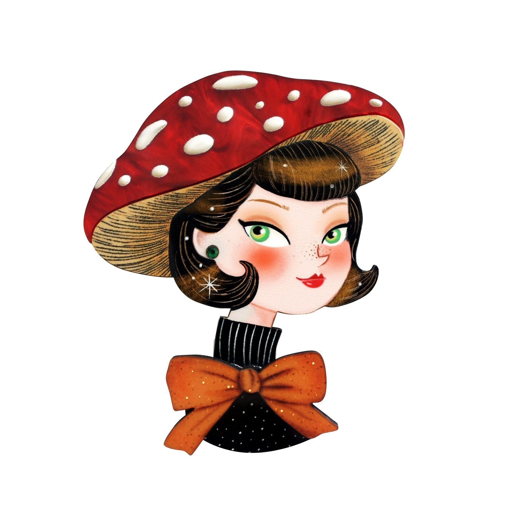 Girl w/ Mushroom Hat Brooch by Laliblue – Retro Kitschy Statement Brooch for Collectors by Quirks! at Shirley Shoppe