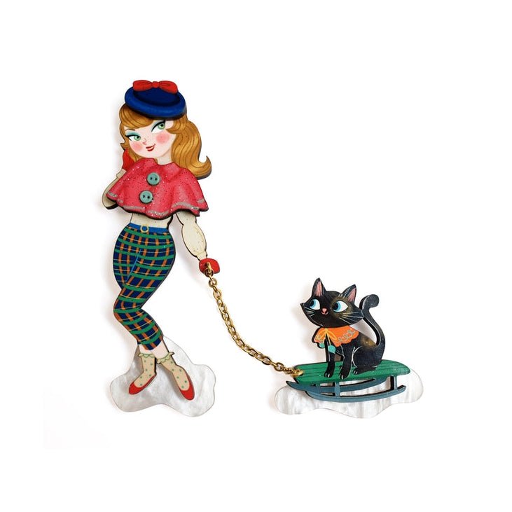Girl with Cat on Sled Brooch by Laliblue by Quirks! at Shirley Shoppe