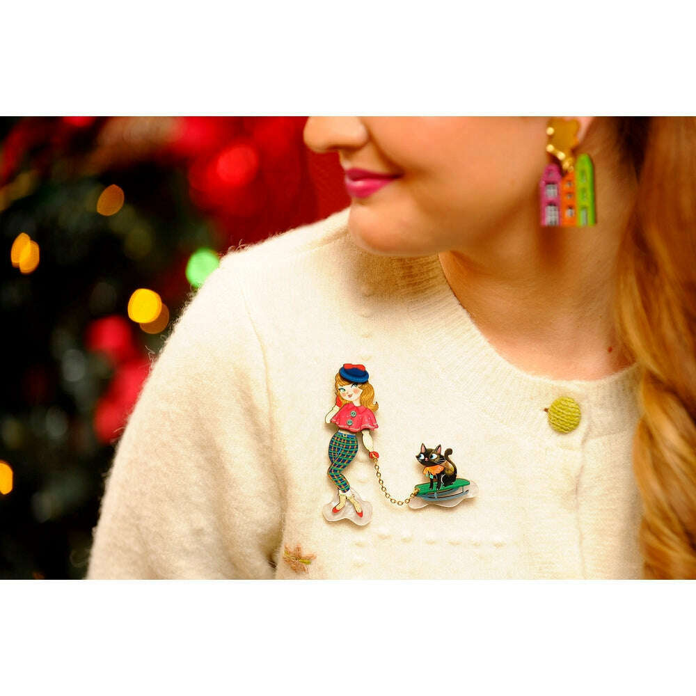 Girl with Cat on Sled Brooch by Laliblue