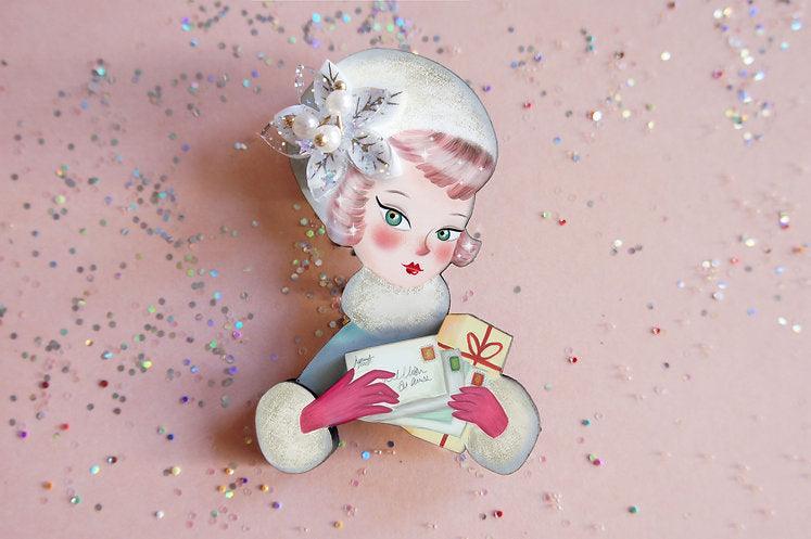 Girl with Christmas Postcards Brooch by Laliblue by Quirks! at Shirley Shoppe