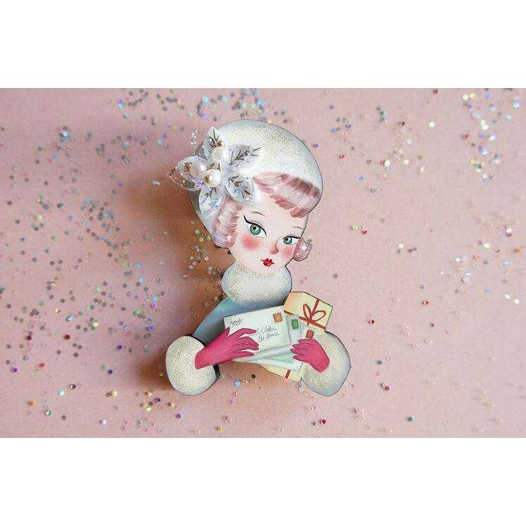 Girl with Christmas Postcards Brooch by Laliblue
