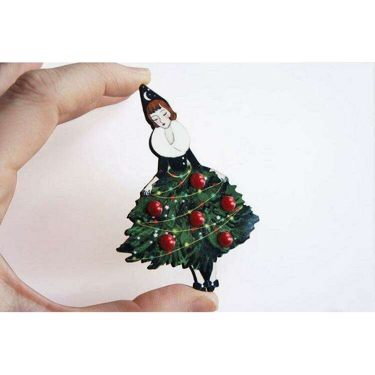 Girl with Christmas Tree Dress Brooch by Laliblue