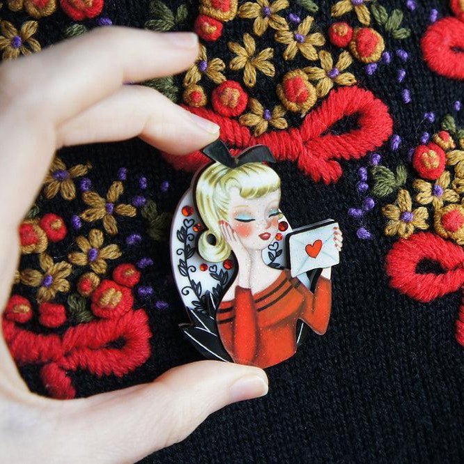 Girl with Love Letter Valentine Brooch by Laliblue by Quirks! at Shirley Shoppe