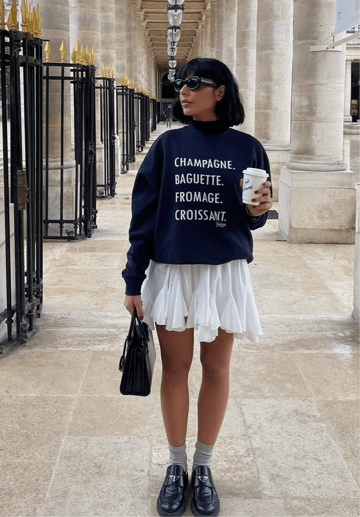 GOURMET LOVE (Champagne, Baguette, Fromage, Croissant) Crewneck Sweatshirt by DARA SENDERS at Shirley Shoppe