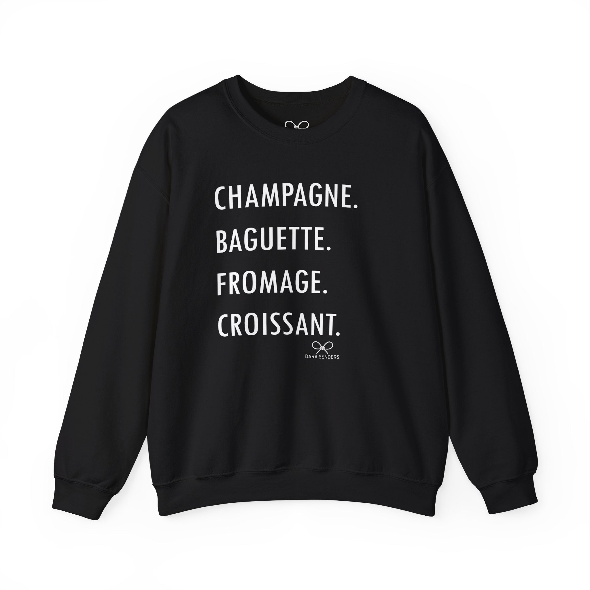 GOURMET LOVE (Champagne, Baguette, Fromage, Croissant) Crewneck Sweatshirt by DARA SENDERS at Shirley Shoppe